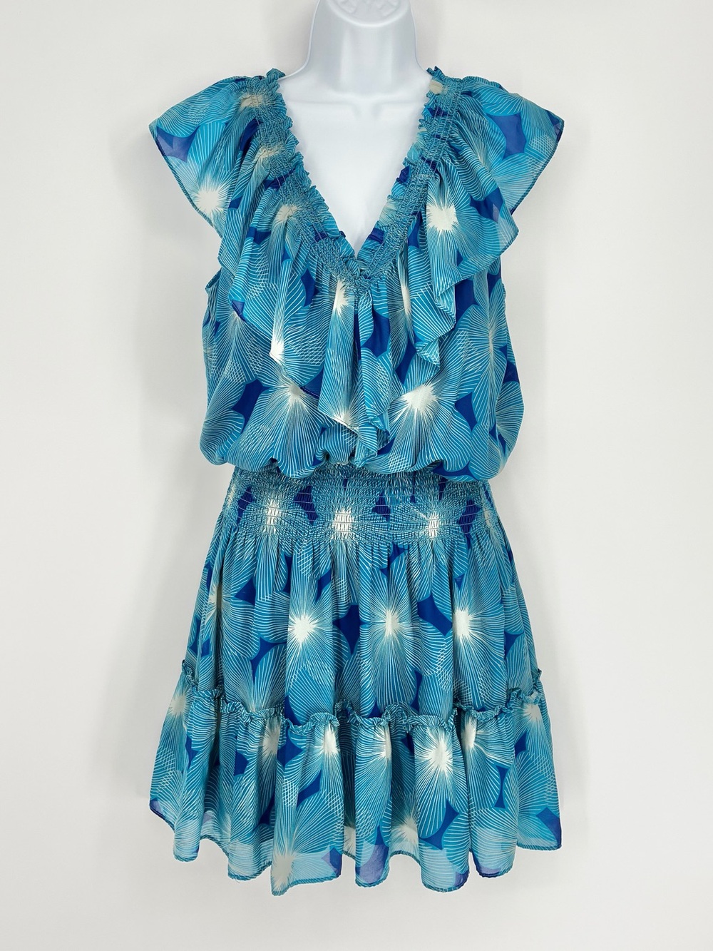 Ramy Brook Danica Blue Burst Starburst Ruffle Smocked Mini Dress S